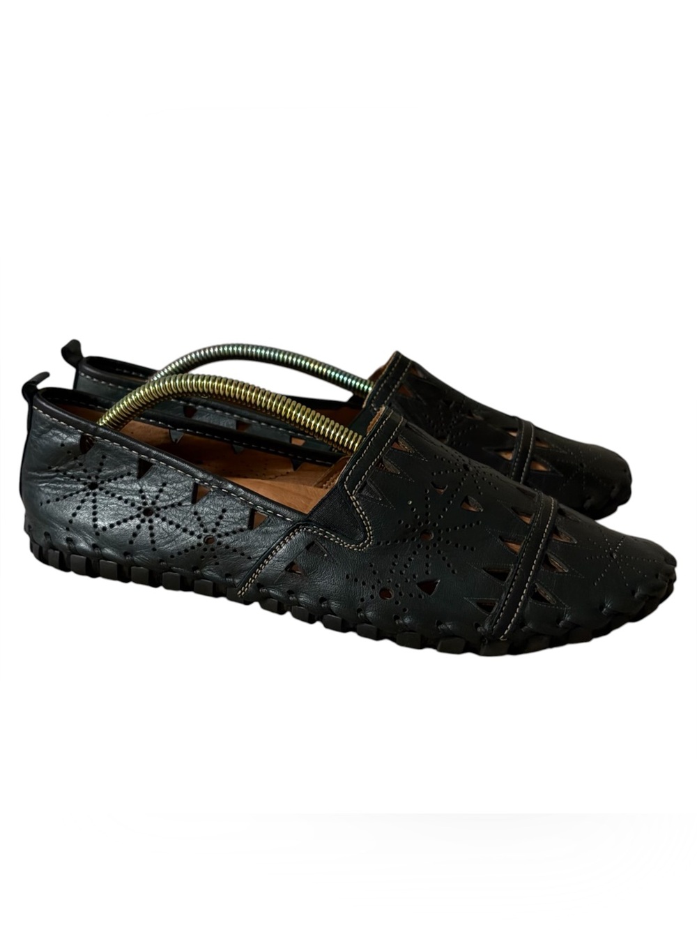 Spring Step Fusaro Flat Slip On Loafer Shoe Black Leather Laser Cutout Sz 39